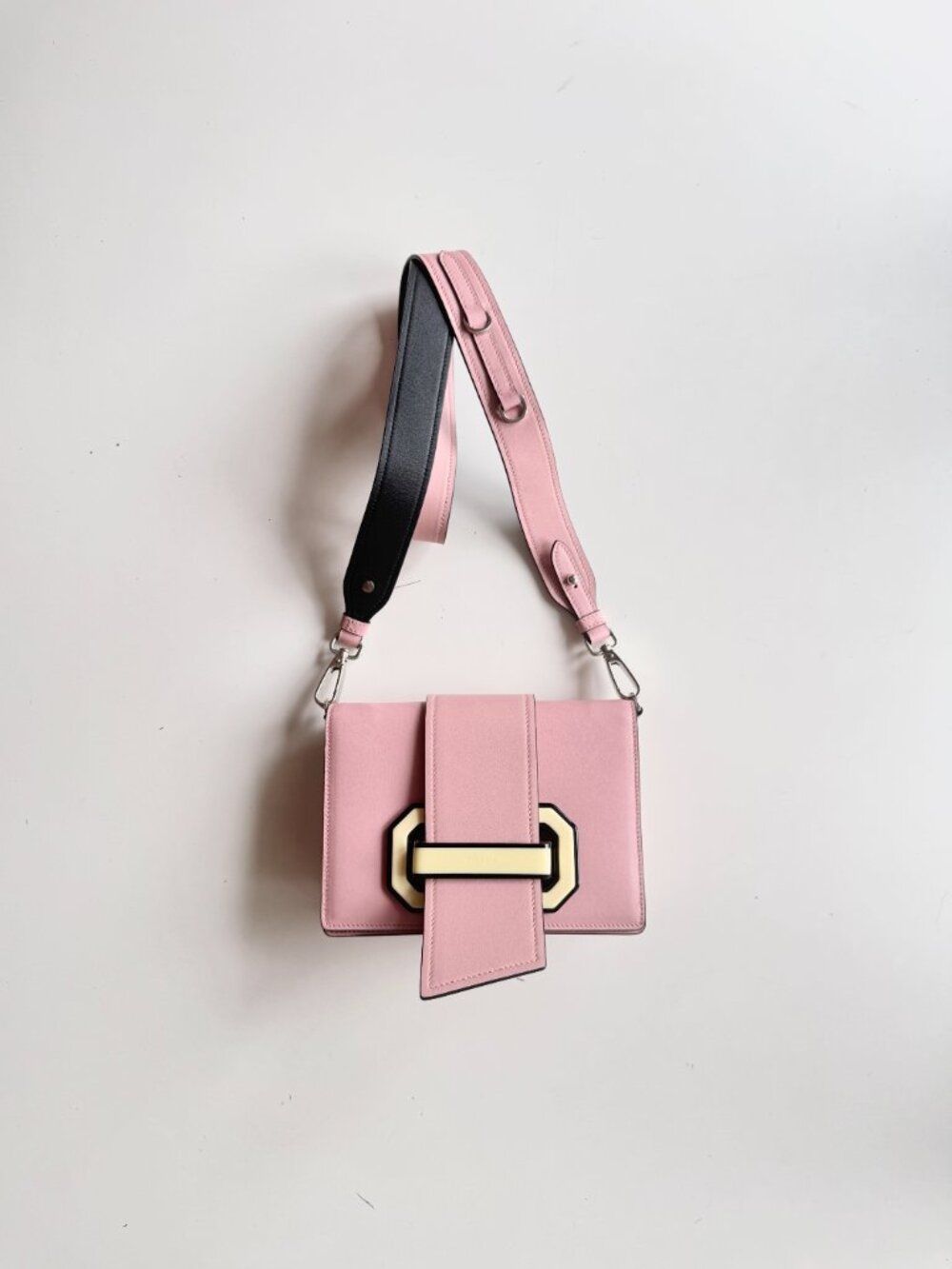 NWOT PRADA City Calf Plex Pesco Giallo Cameo Pink Ribbon Crossbody Bag Purse